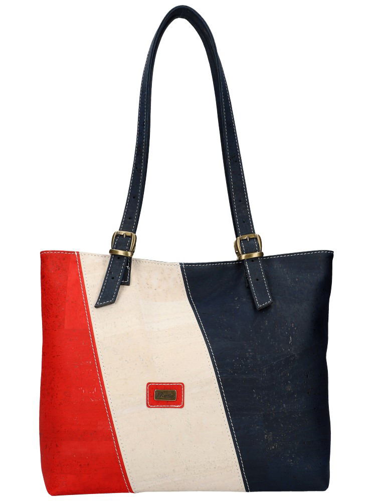Korková dámska kabelka cez plece červeno-béžovo-modrá
